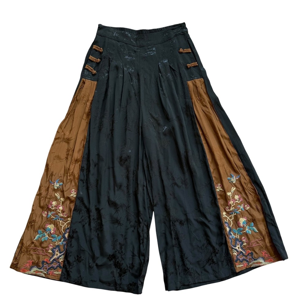 SooLinen Black Jacquard Wide Leg Embroidered Culottes Frog Button Trousers